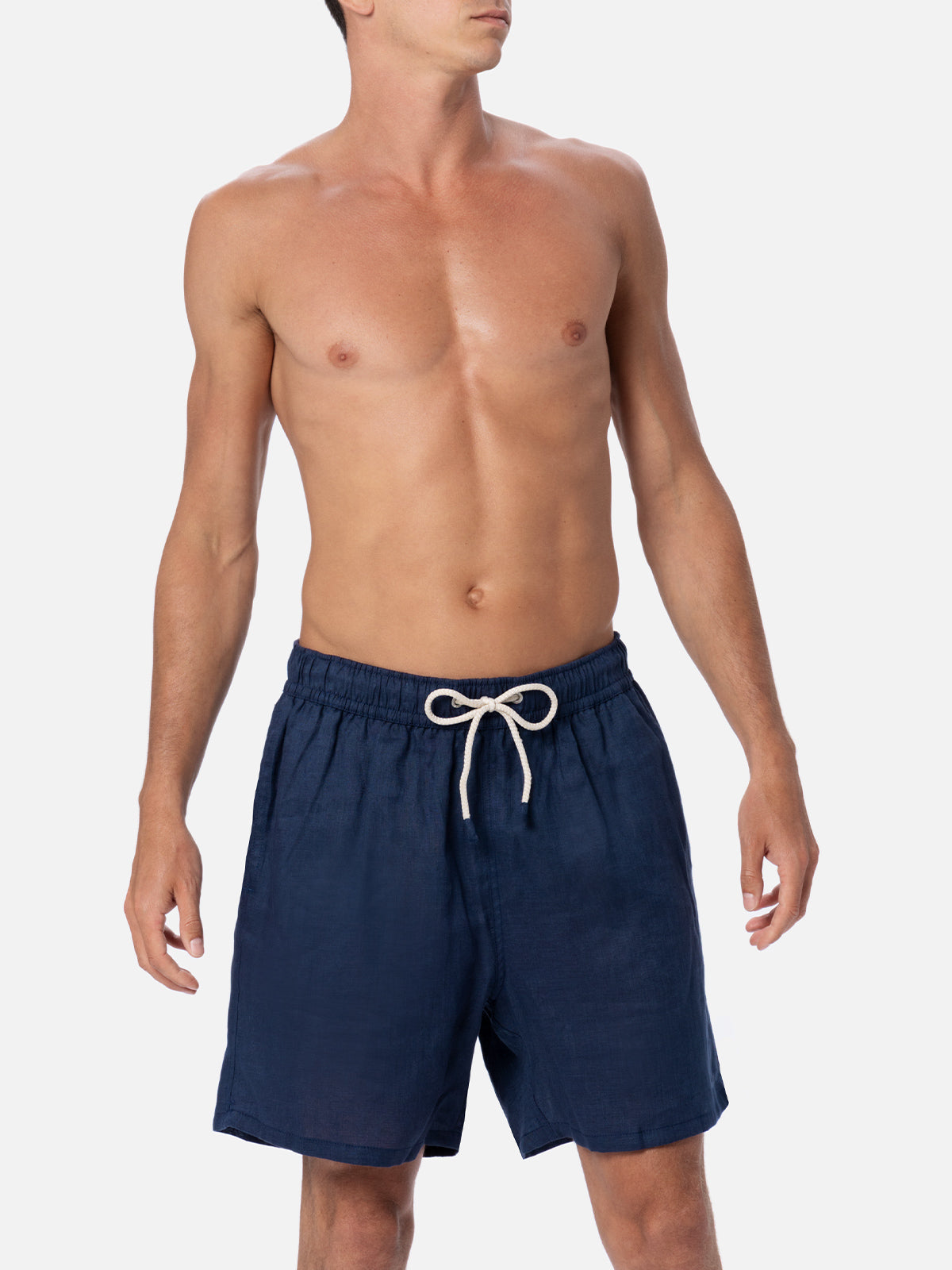 Mid-length navy blue linen swim-shorts Gustavia