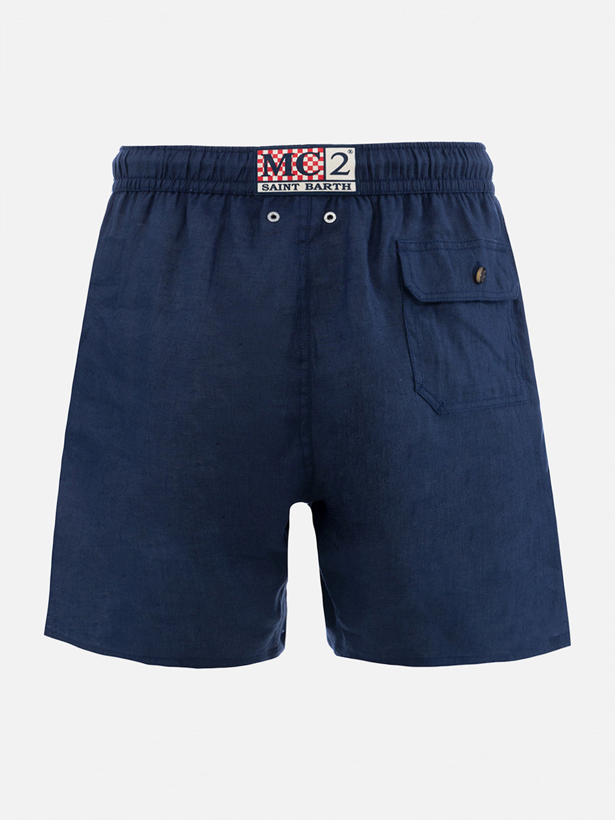 Mid-length navy blue linen swim-shorts Gustavia