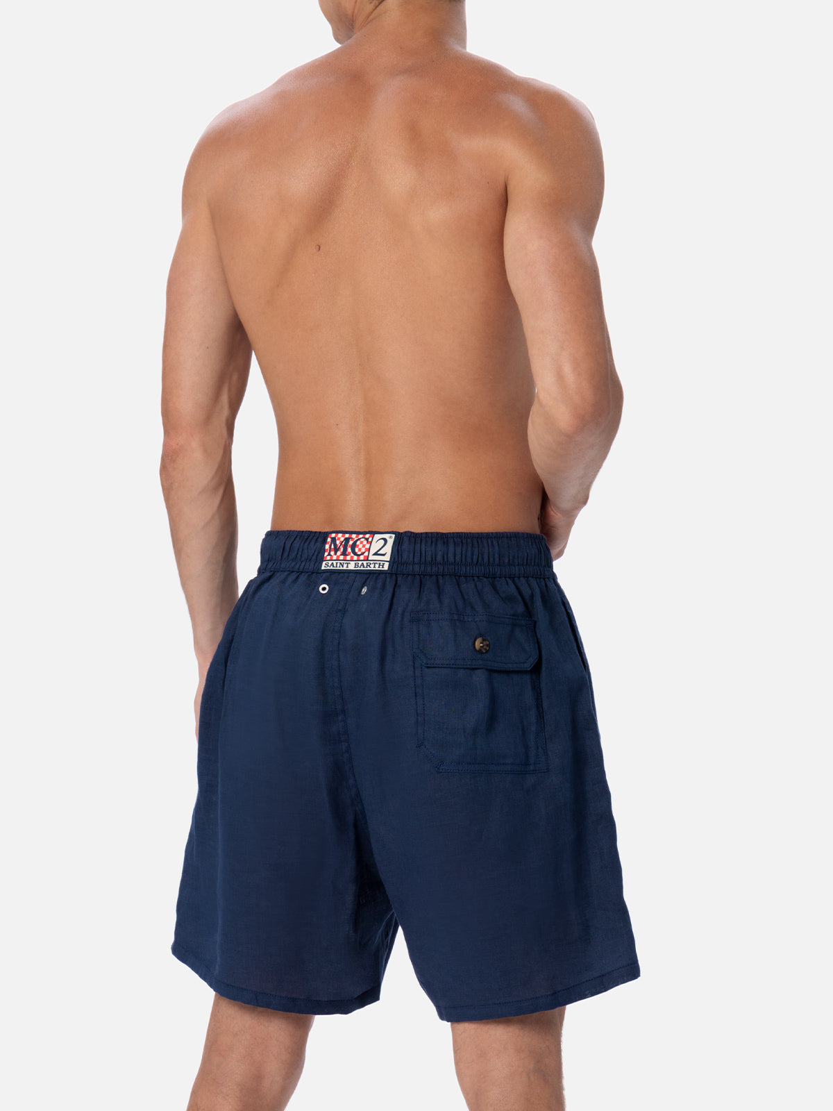 Mid-length navy blue linen swim-shorts Gustavia