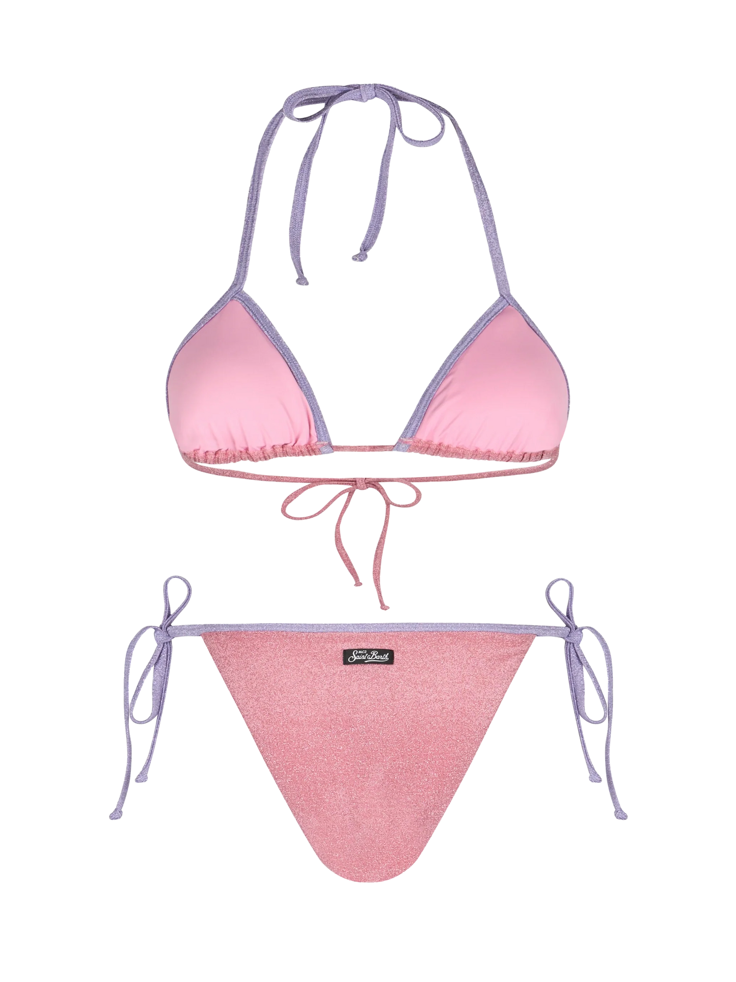 Woman pink lurex triangle bikini Leah Marielle with piping