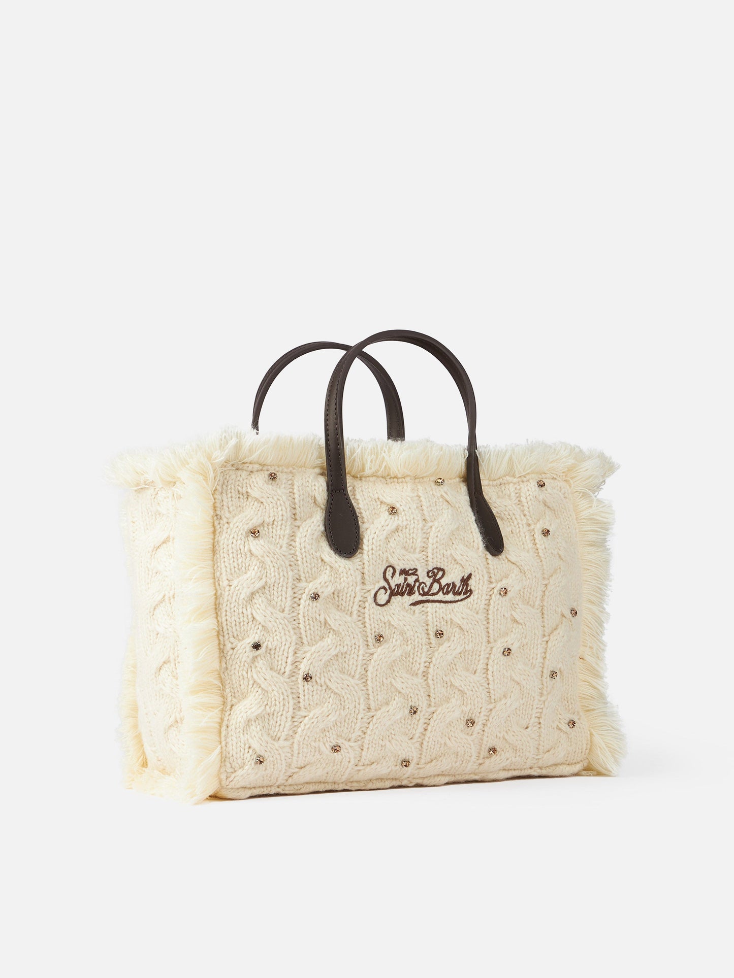White cable knit Colette handbag with rhinestones embellishment