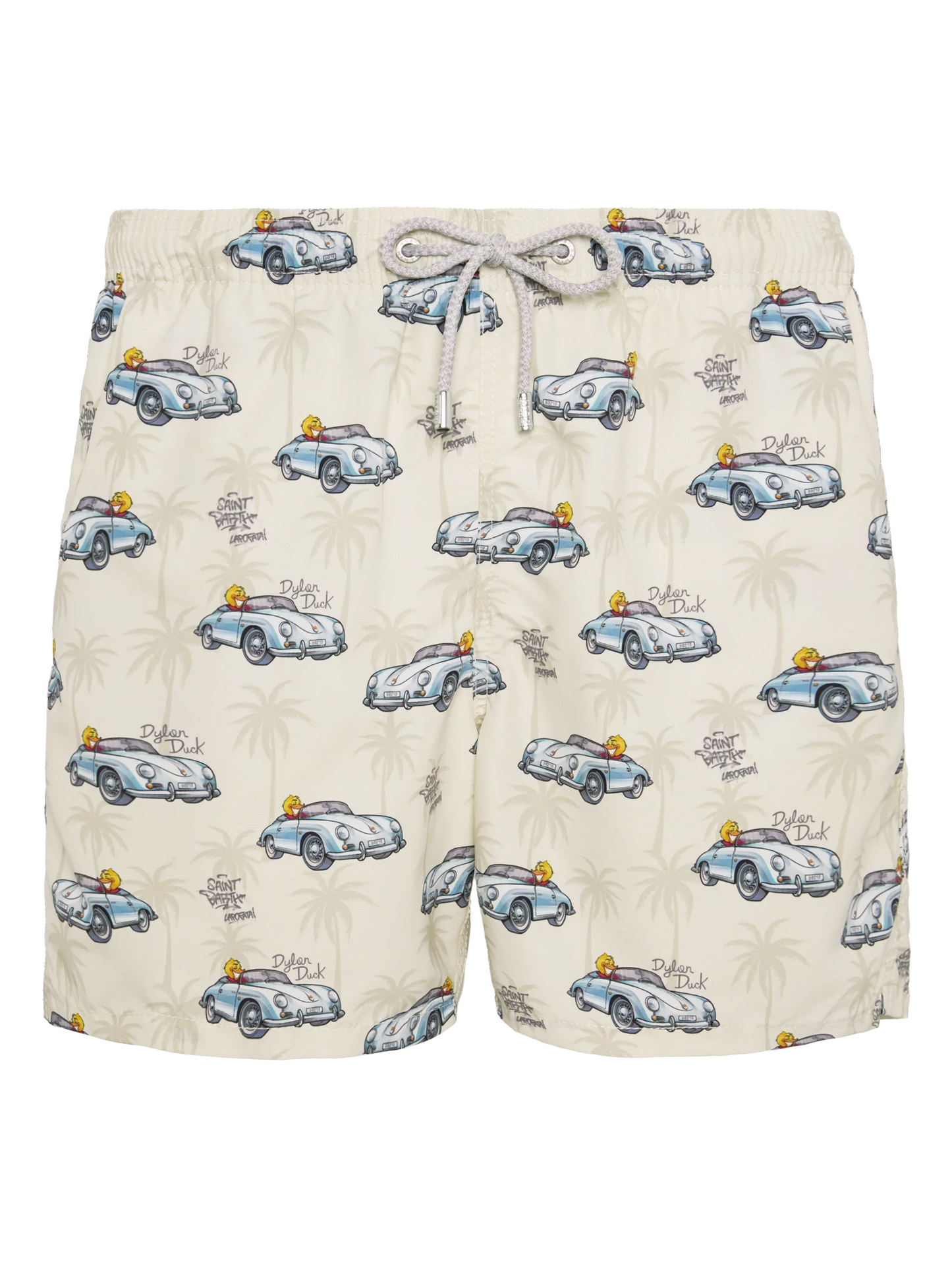 Mid-length Gustavia swim-shorts with ducky and car print |CRYPTOPUPPETS SPECIAL EDITION