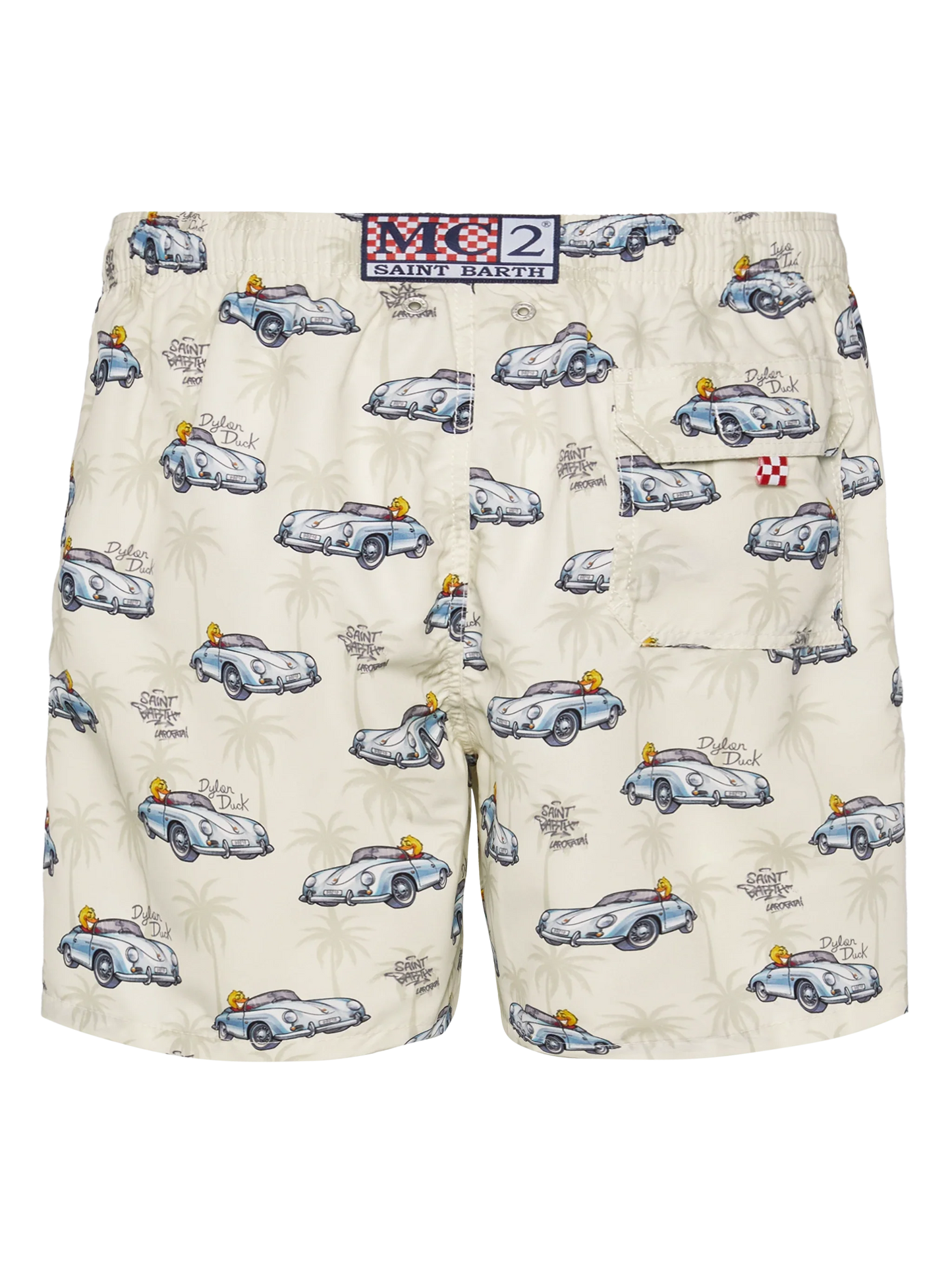 Mid-length Gustavia swim-shorts with ducky and car print |CRYPTOPUPPETS SPECIAL EDITION