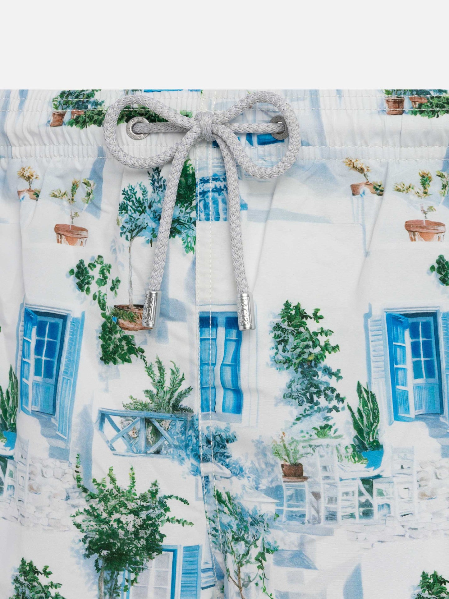 Mid-length Gustavia swim-shorts with Greek house print | AI CO-CREATED DESIGN BY RICKDICK - POWERED BY RED-EYE