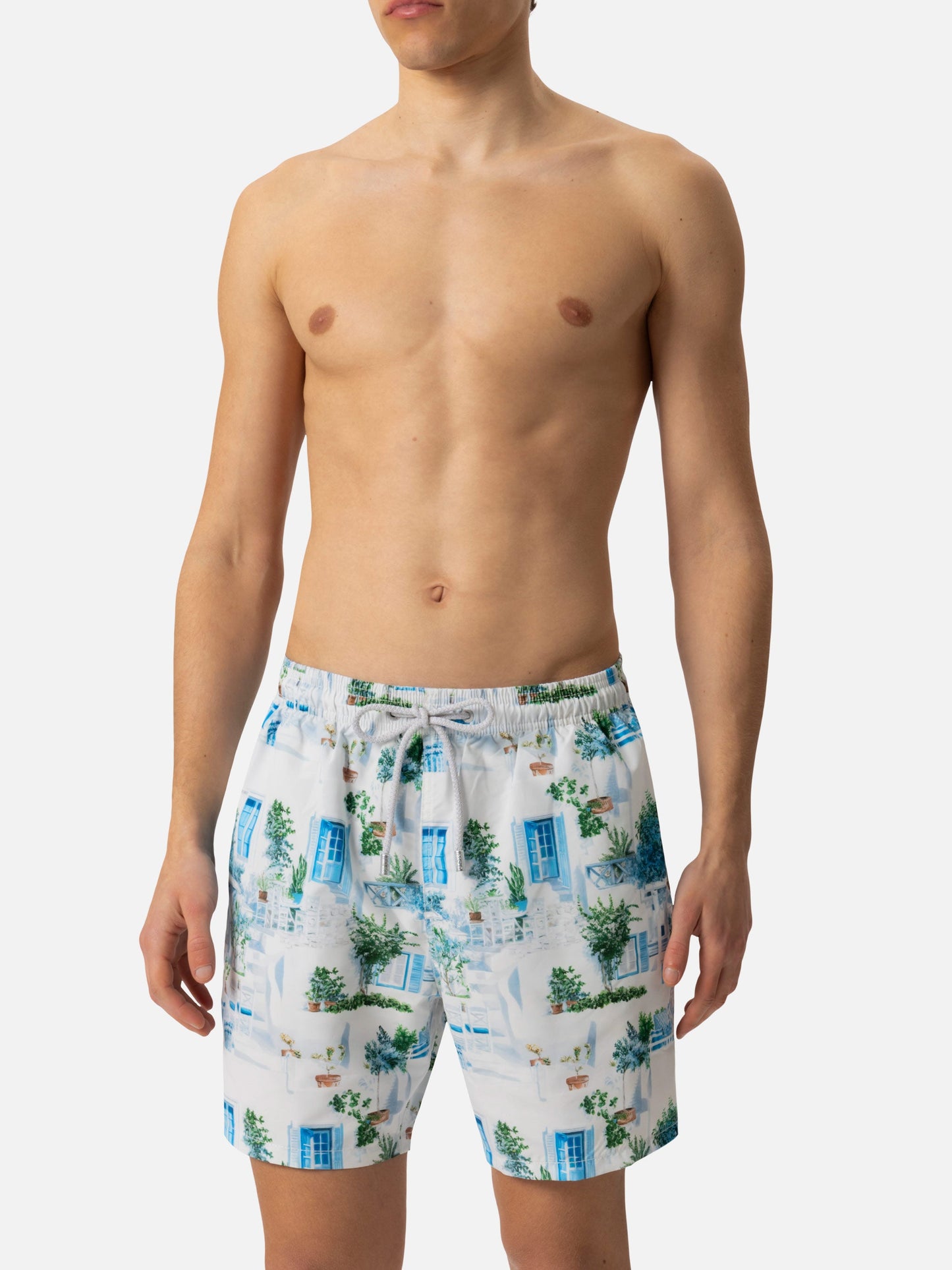 Mid-length Gustavia swim-shorts with Greek house print | AI CO-CREATED DESIGN BY RICKDICK - POWERED BY RED-EYE