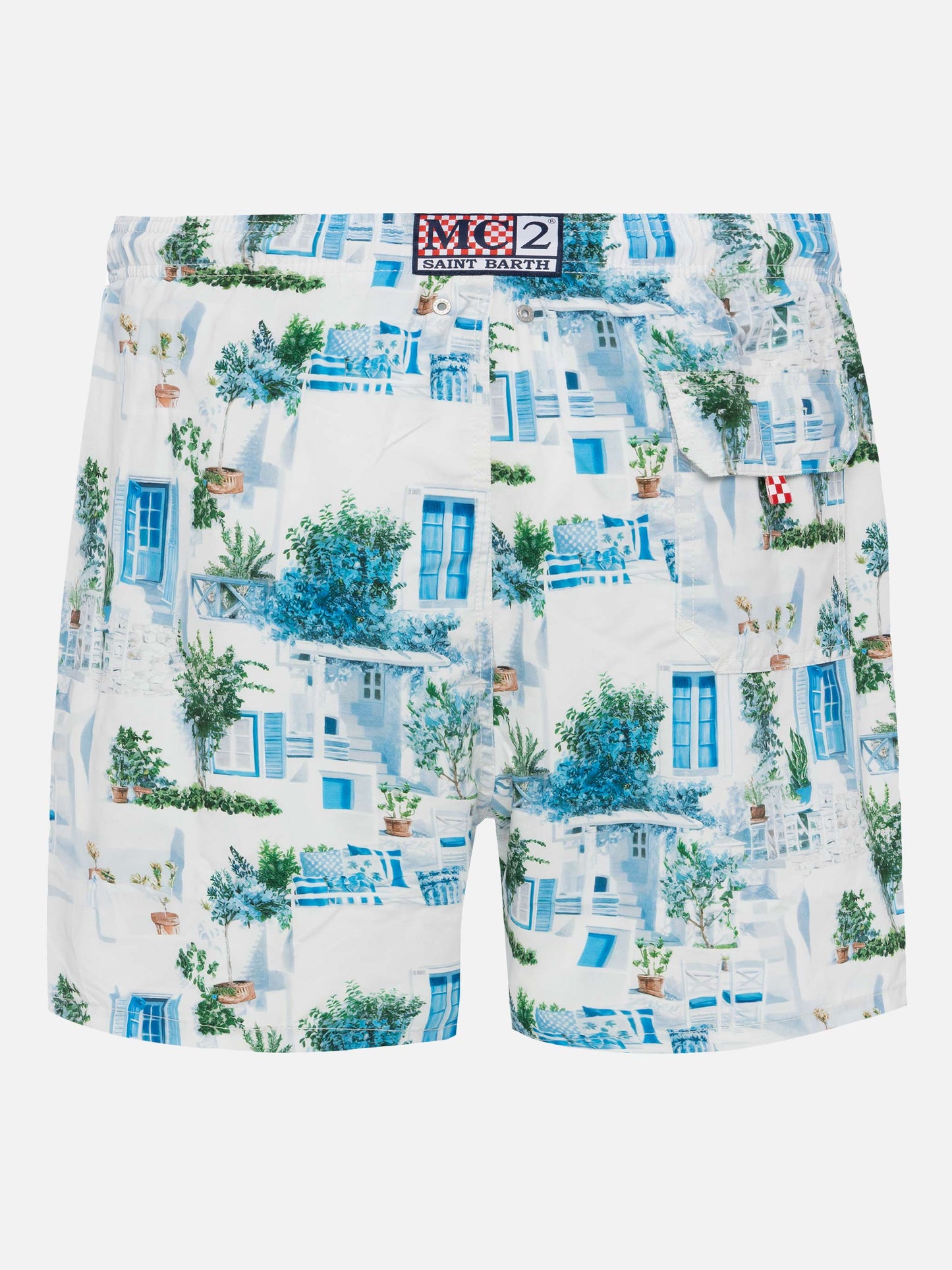 Mid-length Gustavia swim-shorts with Greek house print | AI CO-CREATED DESIGN BY RICKDICK - POWERED BY RED-EYE