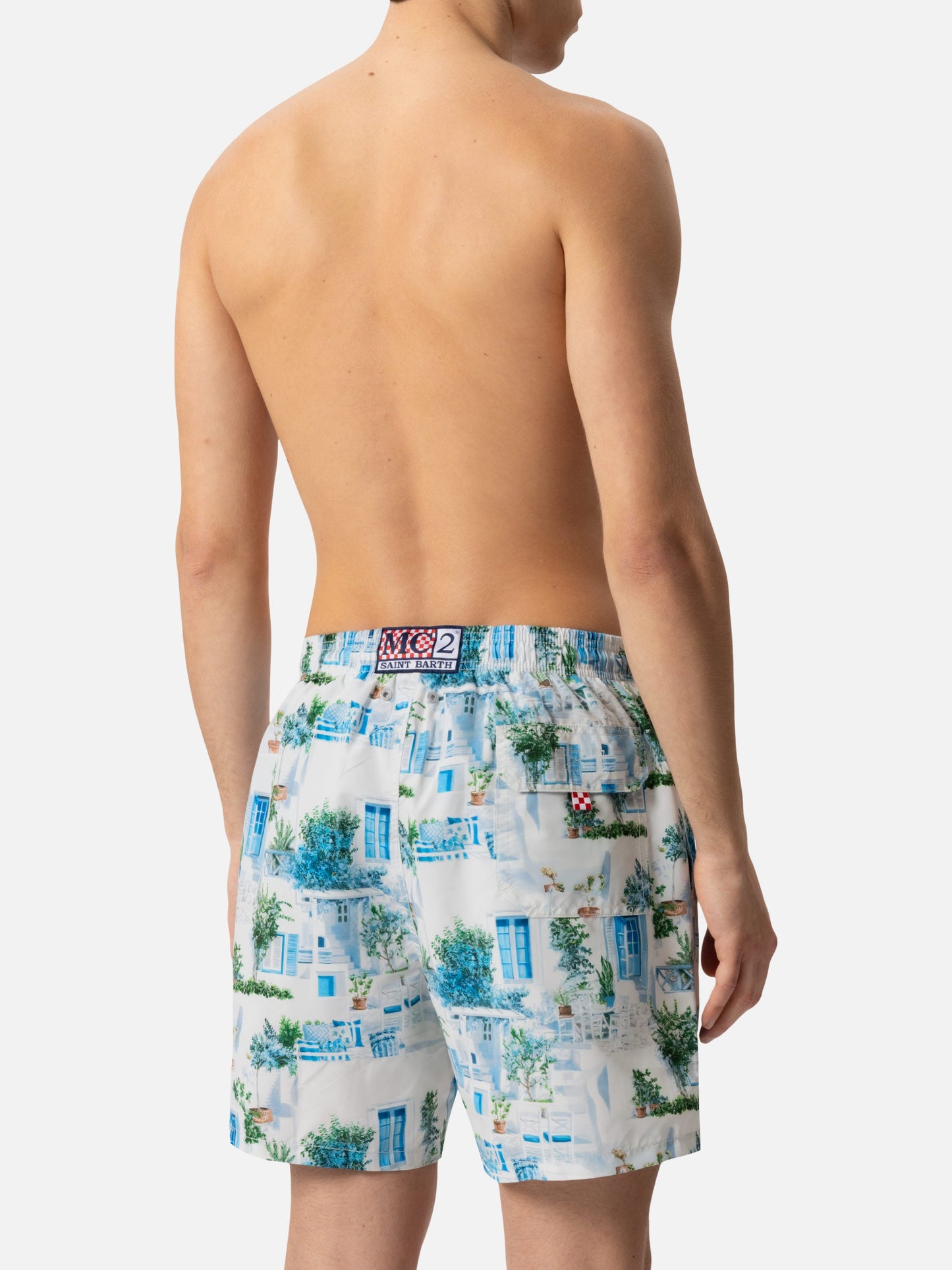 Mid-length Gustavia swim-shorts with Greek house print | AI CO-CREATED DESIGN BY RICKDICK - POWERED BY RED-EYE