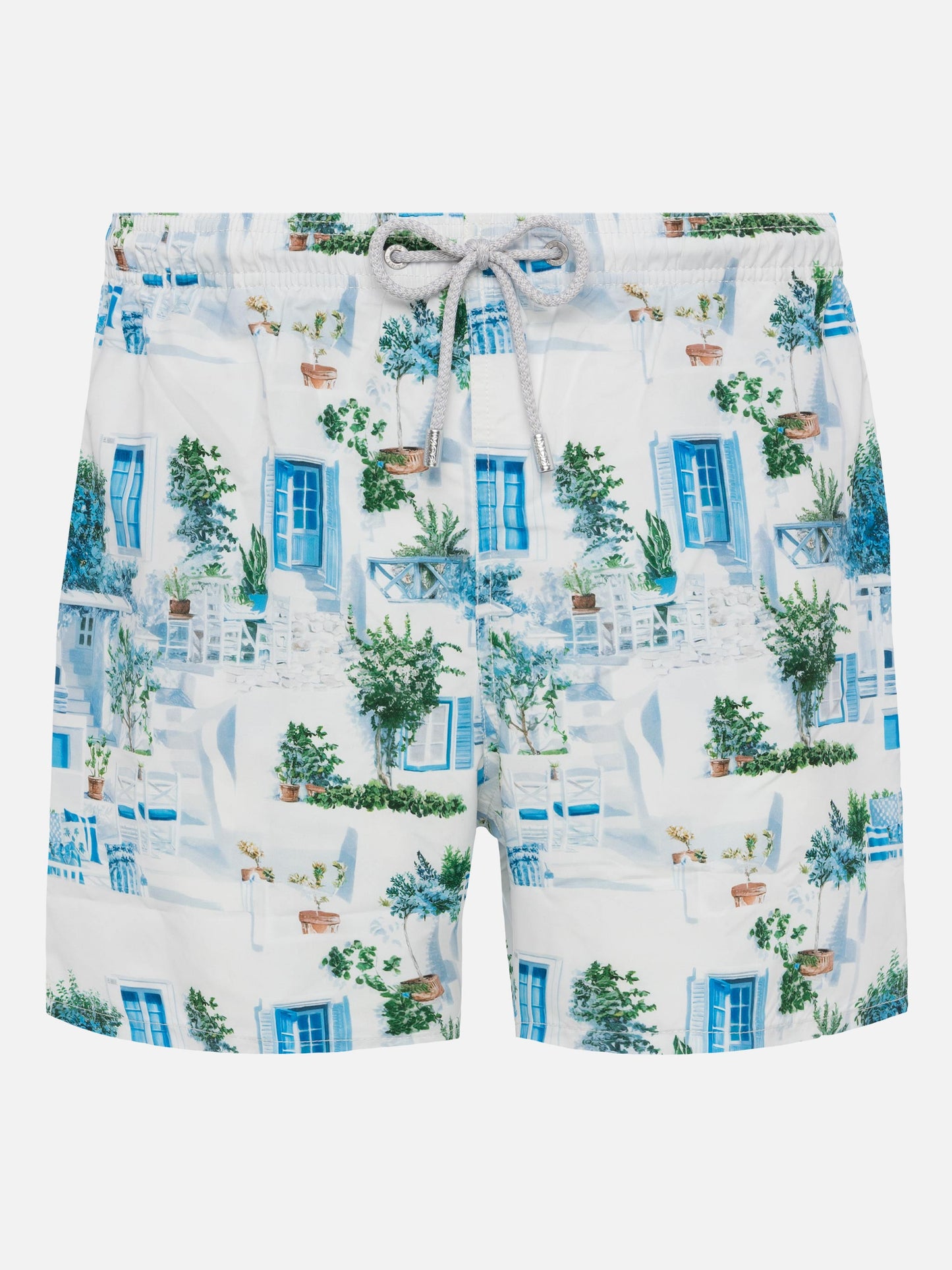 Mid-length Gustavia swim-shorts with Greek house print | AI CO-CREATED DESIGN BY RICKDICK - POWERED BY RED-EYE
