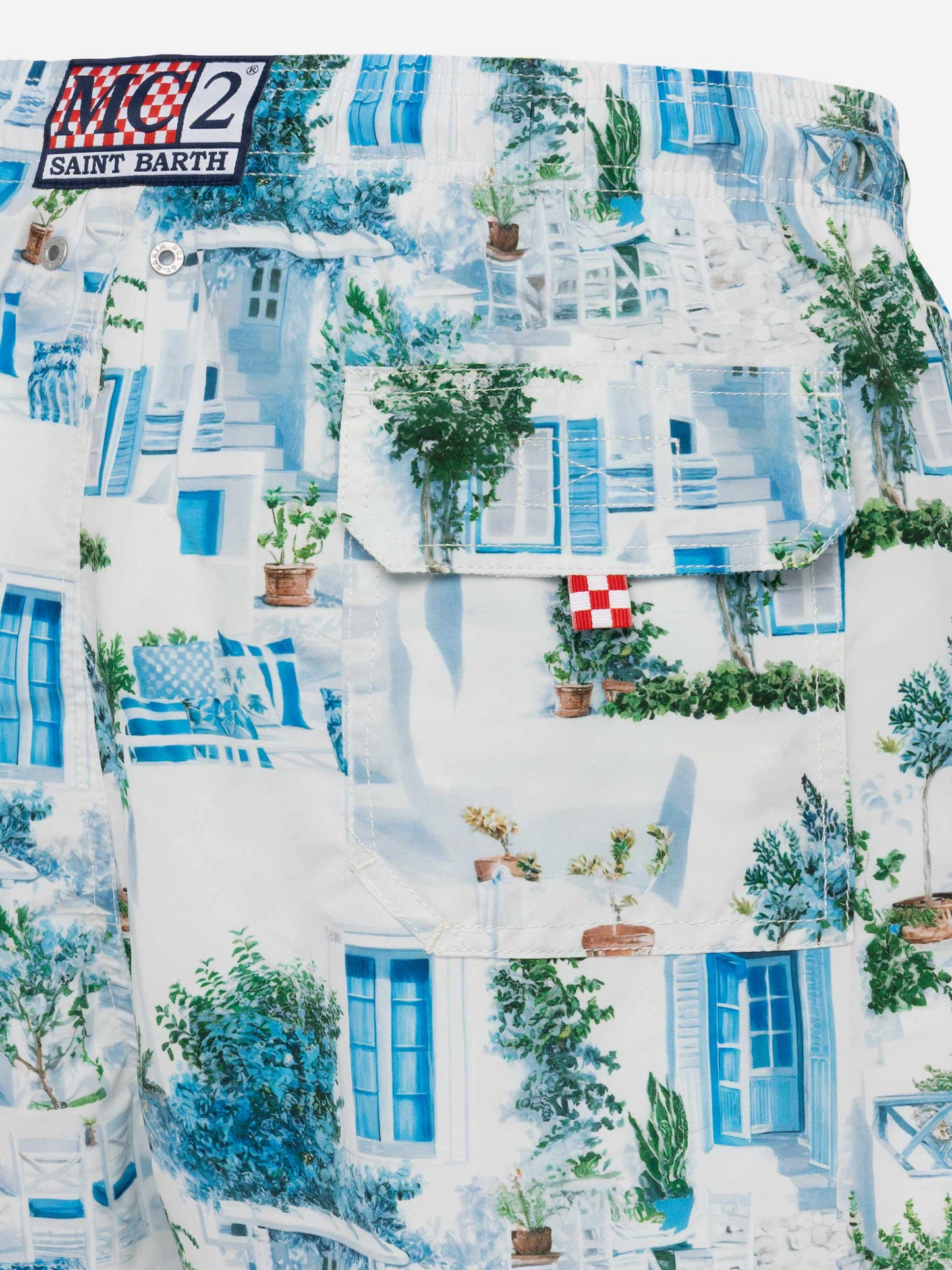 Mid-length Gustavia swim-shorts with Greek house print | AI CO-CREATED DESIGN BY RICKDICK - POWERED BY RED-EYE