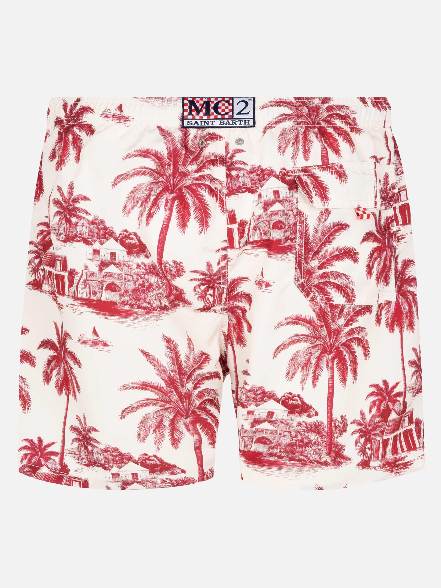 Mid-length Gustavia swim-shorts with toile de jouy print | AI CO-CREATED DESIGN BY RICKDICK - POWERED BY RED-EYE