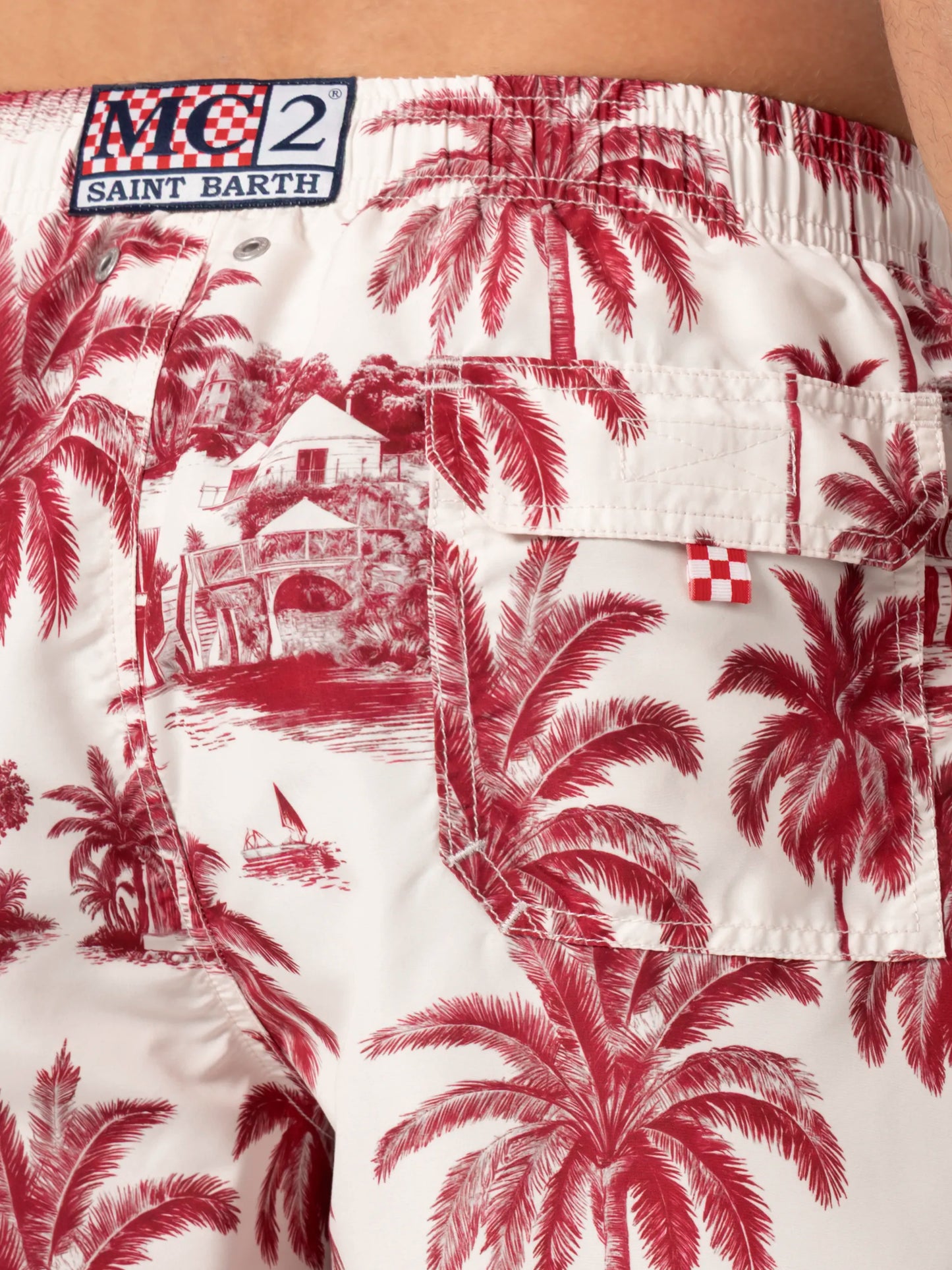 Mid-length Gustavia swim-shorts with toile de jouy print | AI CO-CREATED DESIGN BY RICKDICK - POWERED BY RED-EYE