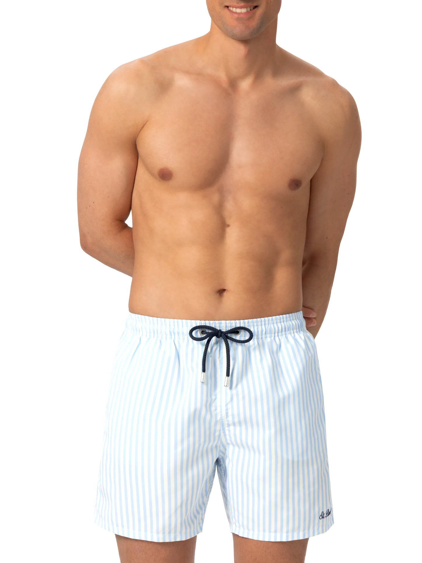 Mid-length striped Gustavia swim-shorts with St. Barth embroidery
