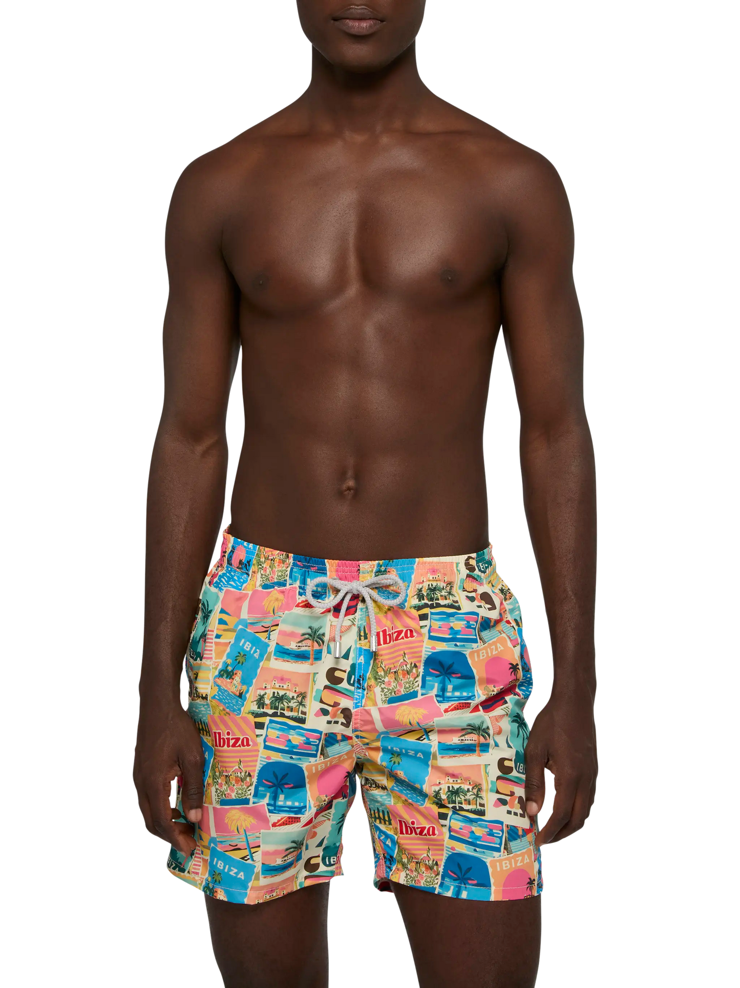 Mid-length Gustavia swim-shorts with Ibiza postcard print | AI CO-CREATED DESIGN BY RICKDICK - POWERED BY RED-EYE