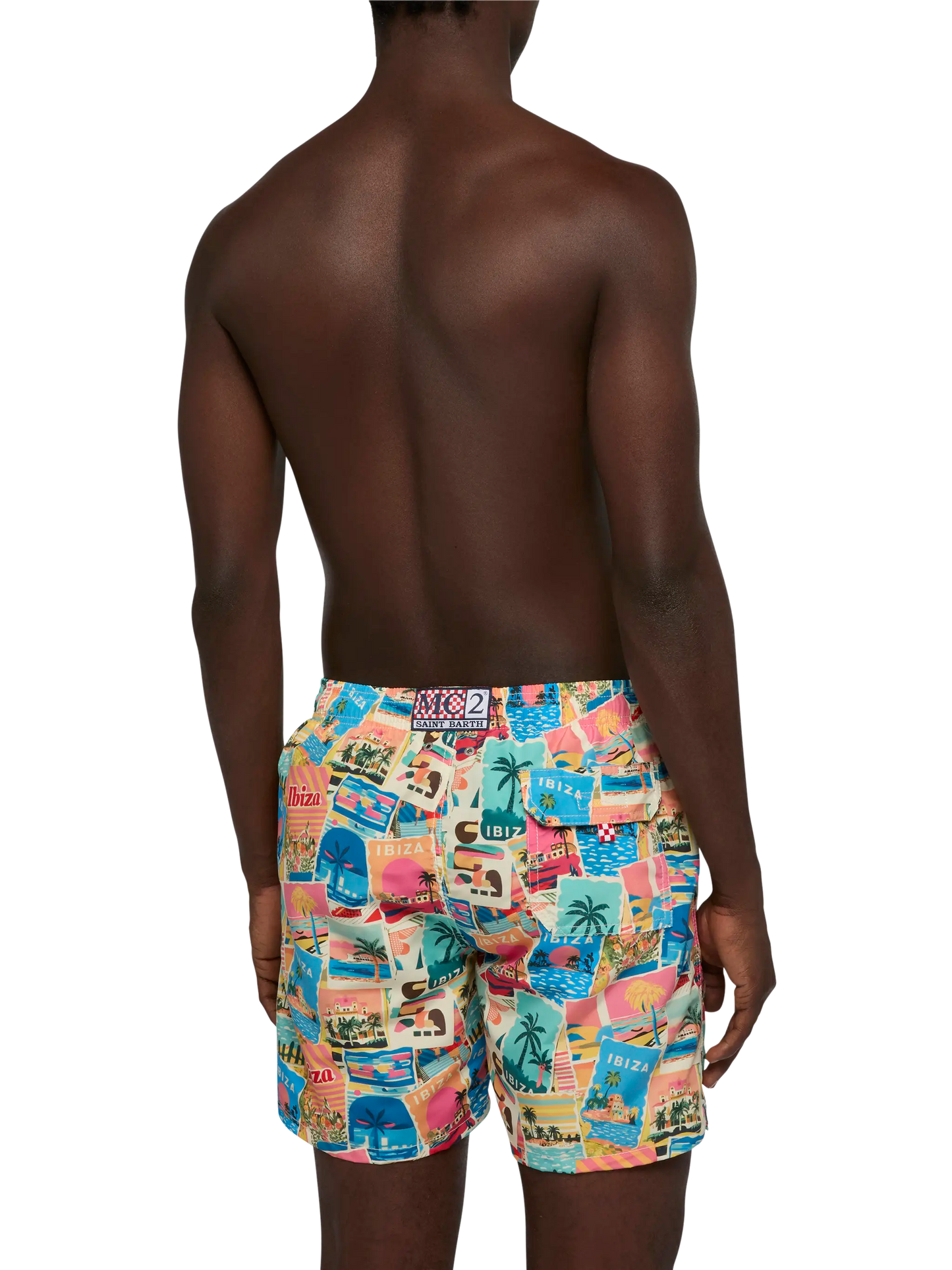 Mid-length Gustavia swim-shorts with Ibiza postcard print | AI CO-CREATED DESIGN BY RICKDICK - POWERED BY RED-EYE