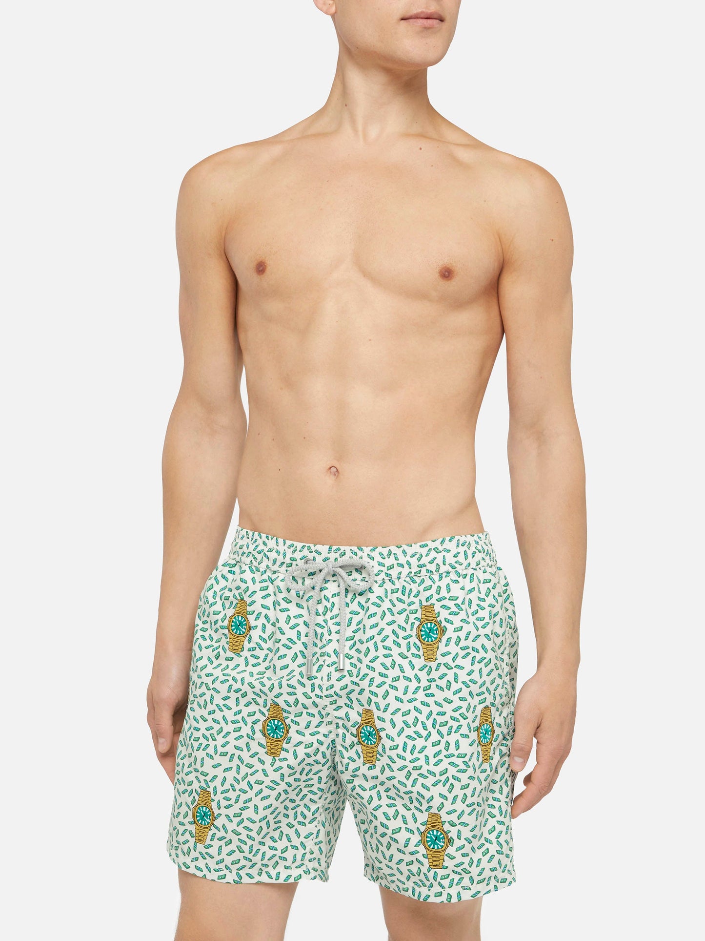 Mid-length striped Gustavia swim-shorts with watches embroidery