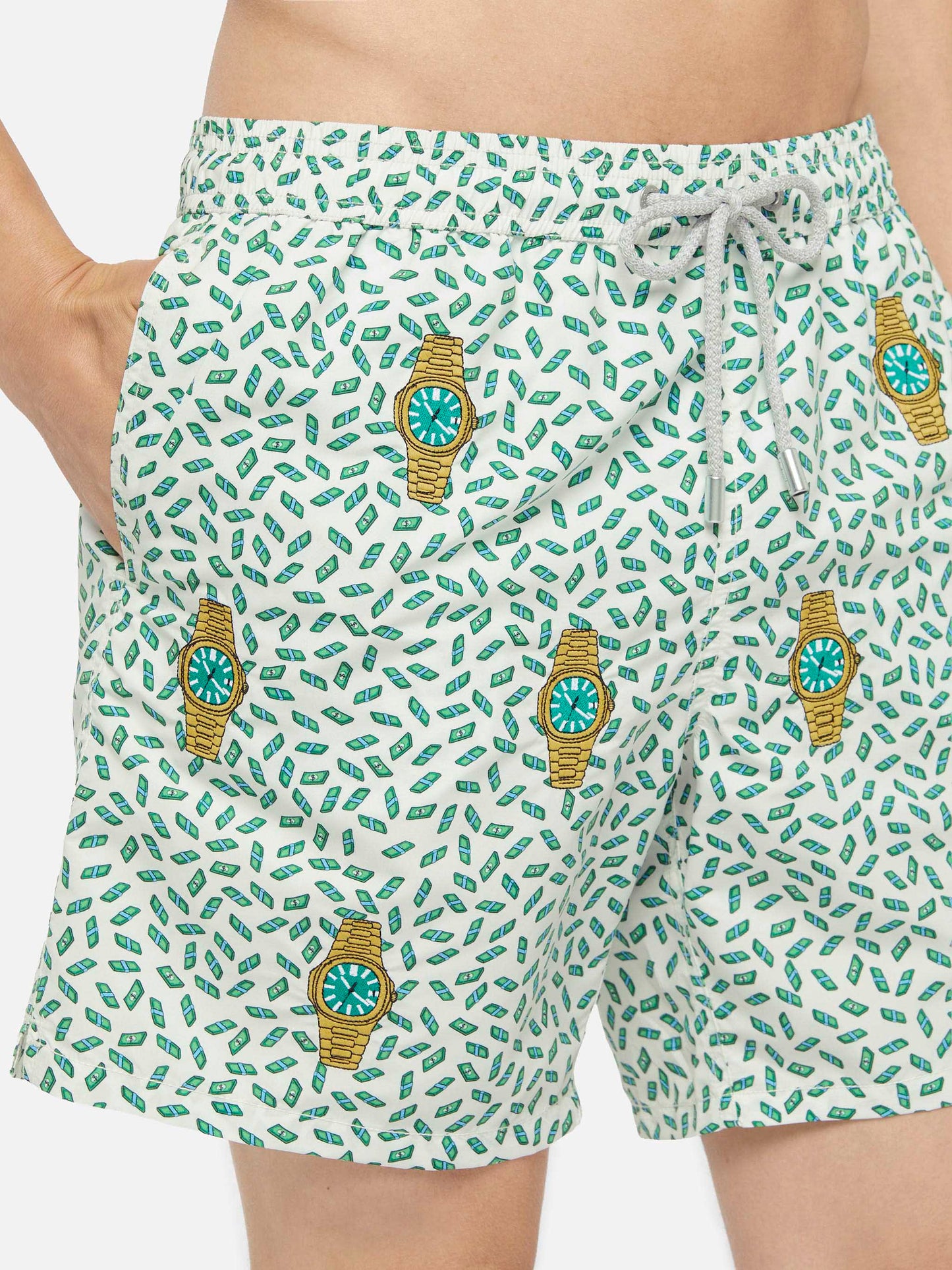 Mid-length striped Gustavia swim-shorts with watches embroidery