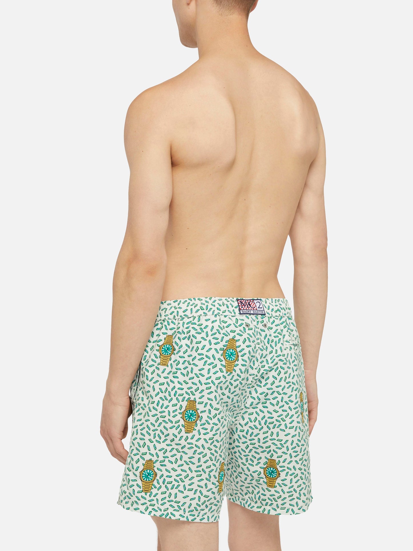 Mid-length striped Gustavia swim-shorts with watches embroidery