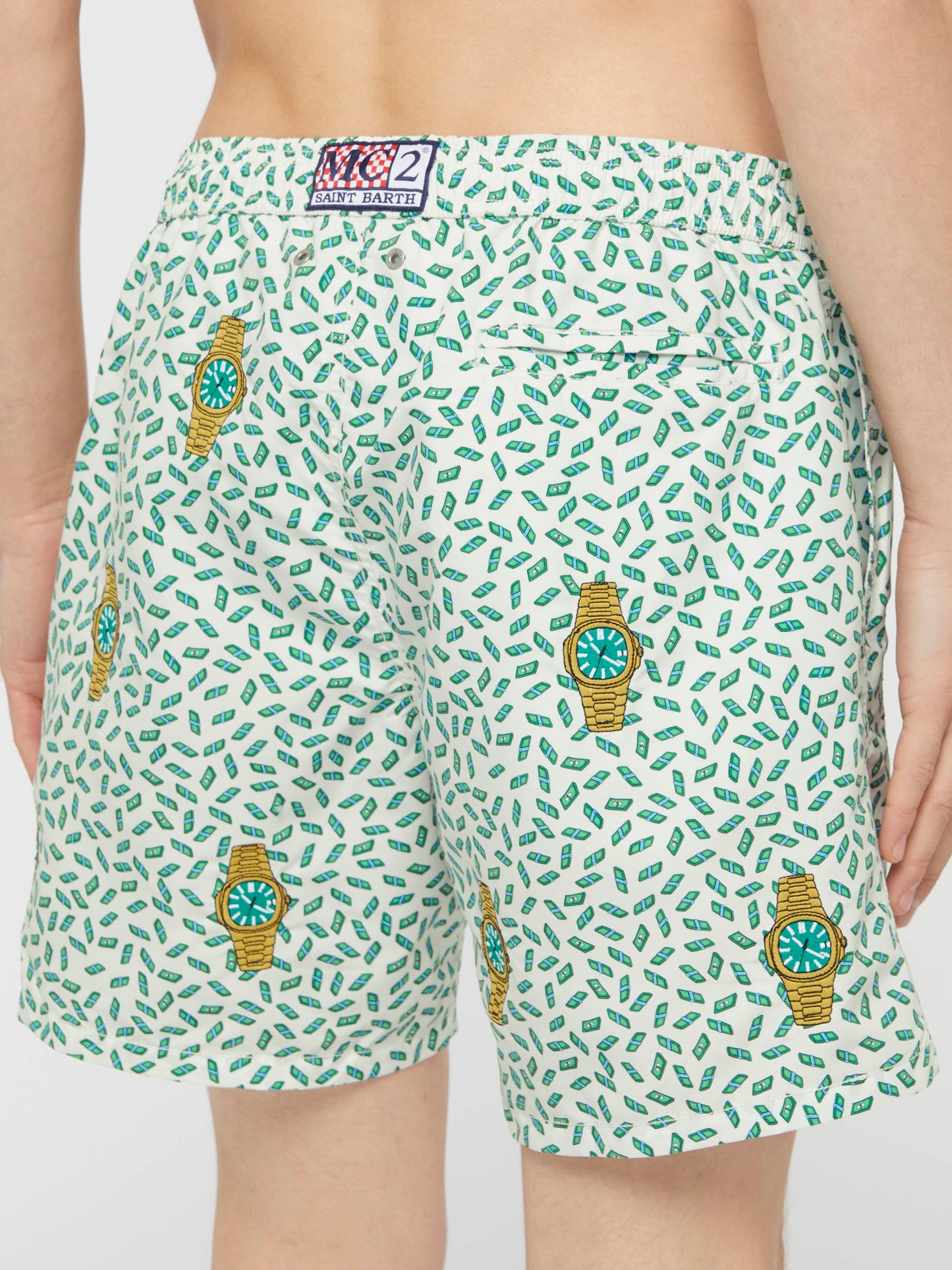 Mid-length striped Gustavia swim-shorts with watches embroidery