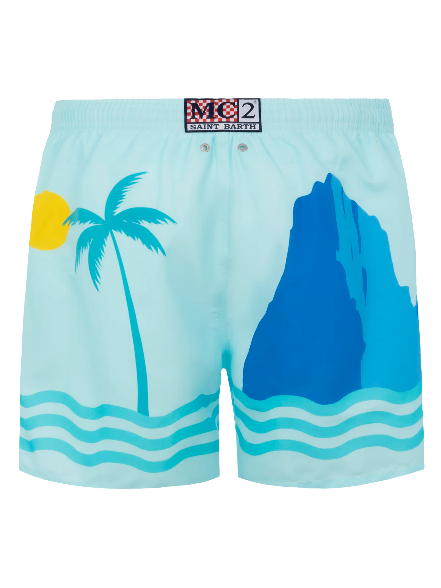 Mid-length Gustavia swim-shorts with Ibiza postcard placed print