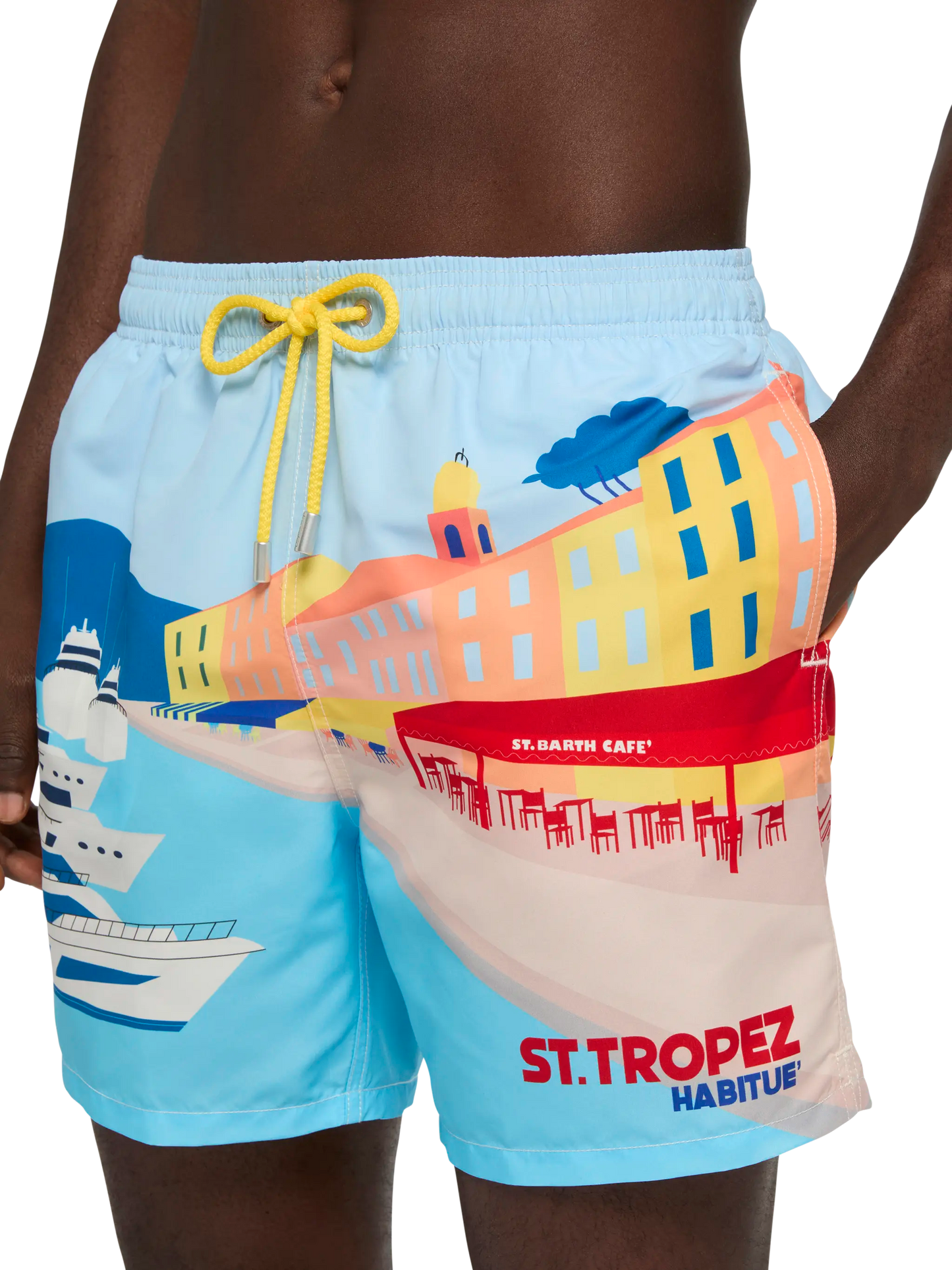 Mid-length Gustavia swim-shorts with St. Tropez postcard placed print