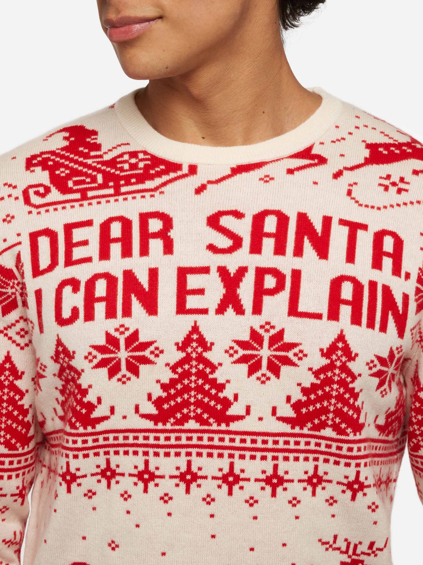 Red sweater Heron with fair isle and Dear Santa jacquard