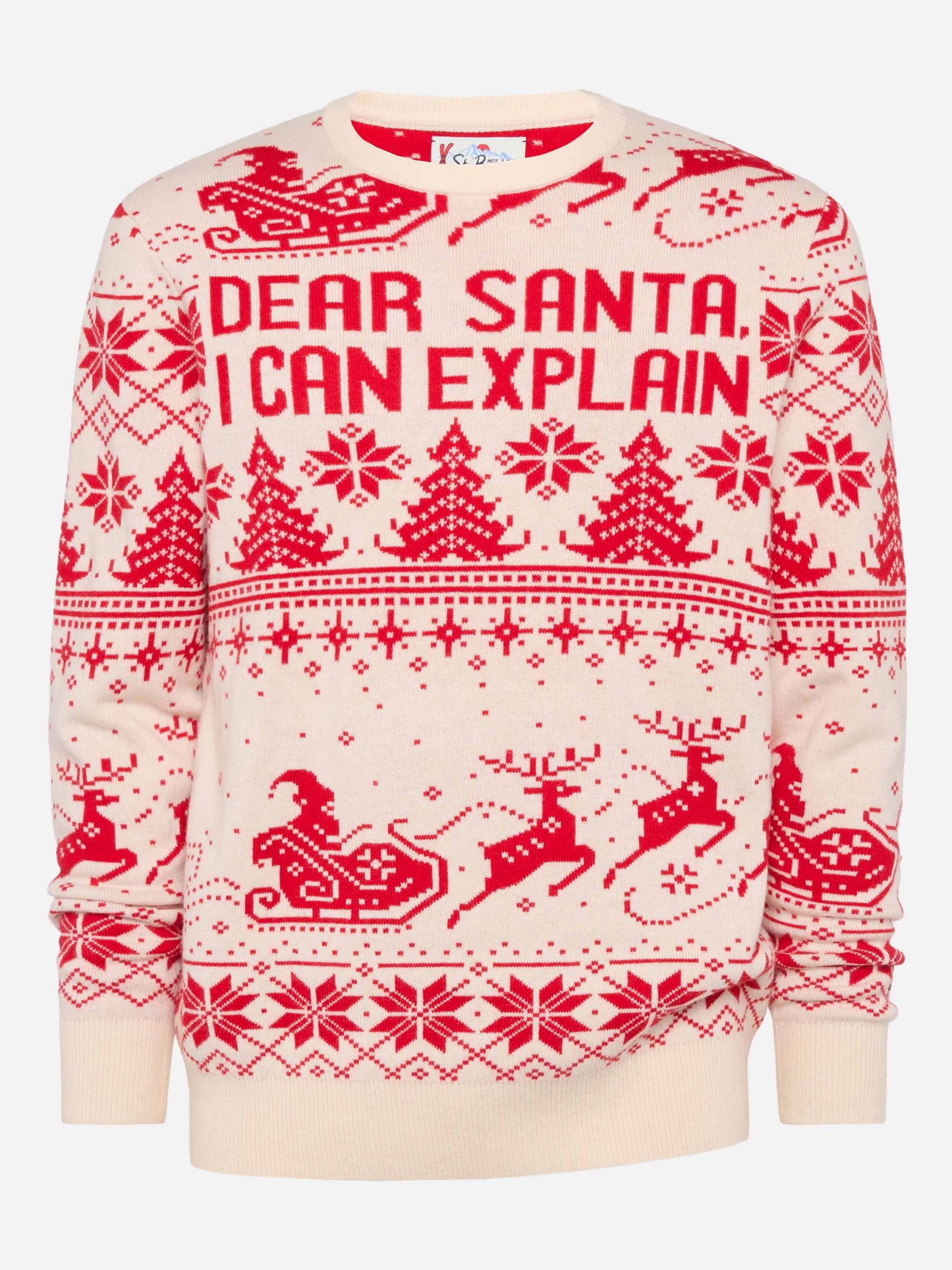 Red sweater Heron with fair isle and Dear Santa jacquard