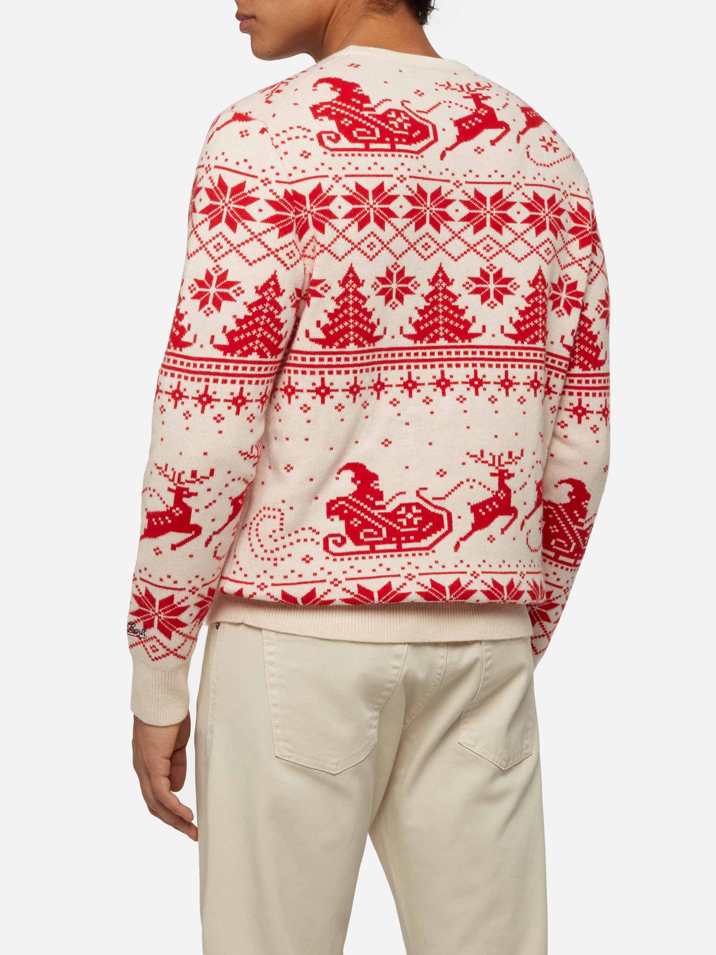 Red sweater Heron with fair isle and Dear Santa jacquard