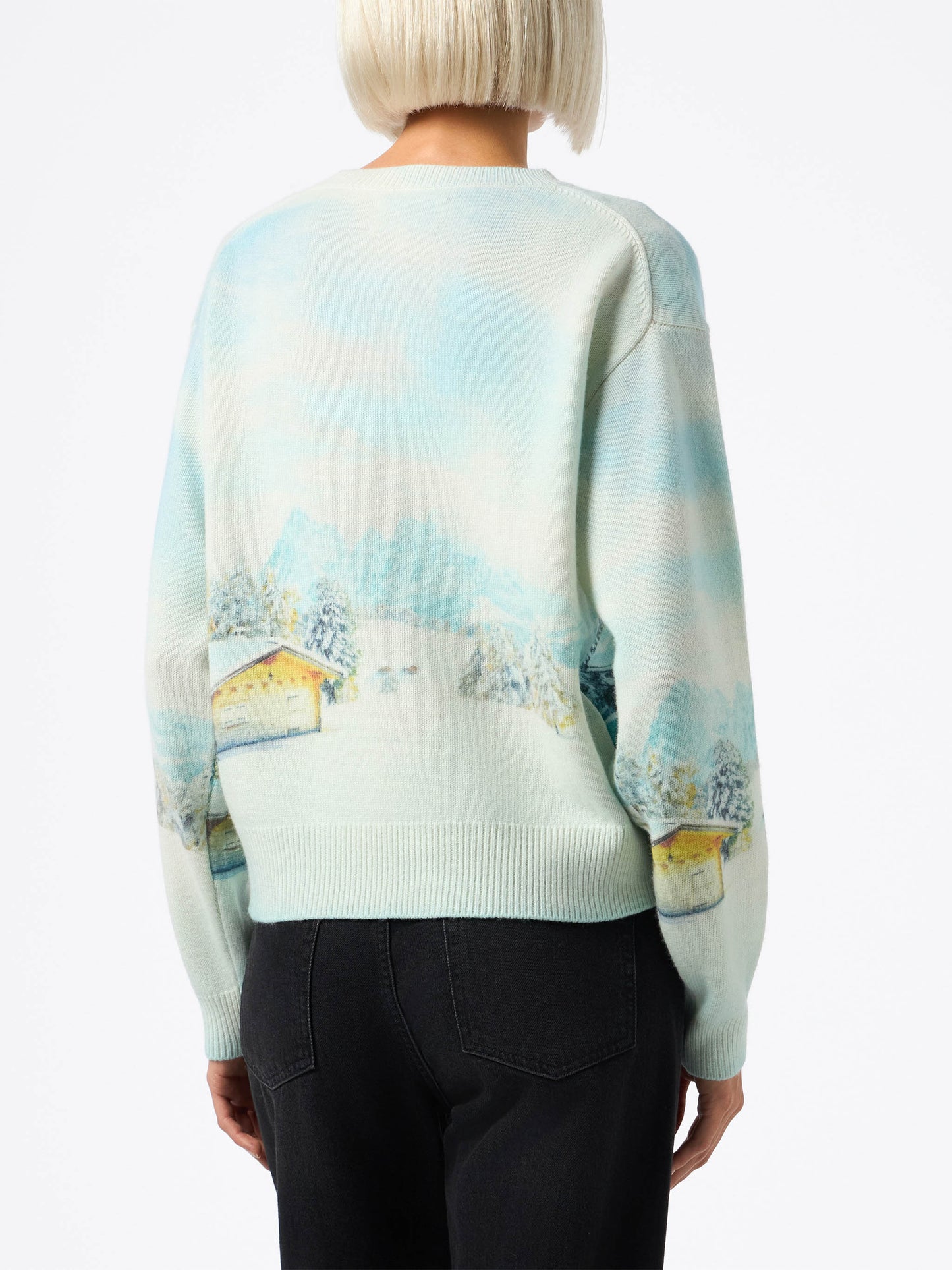 Woman cashmere blend sweater Louise with chalet print and Queen of Chalet embroidery