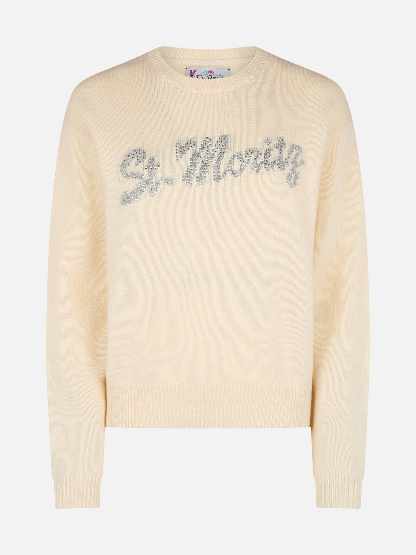 Woman white sweater Louise with St. Moritz rhinestones embellishment | ST. MORITZ TOP OF THE WORLD SPECIAL EDITION