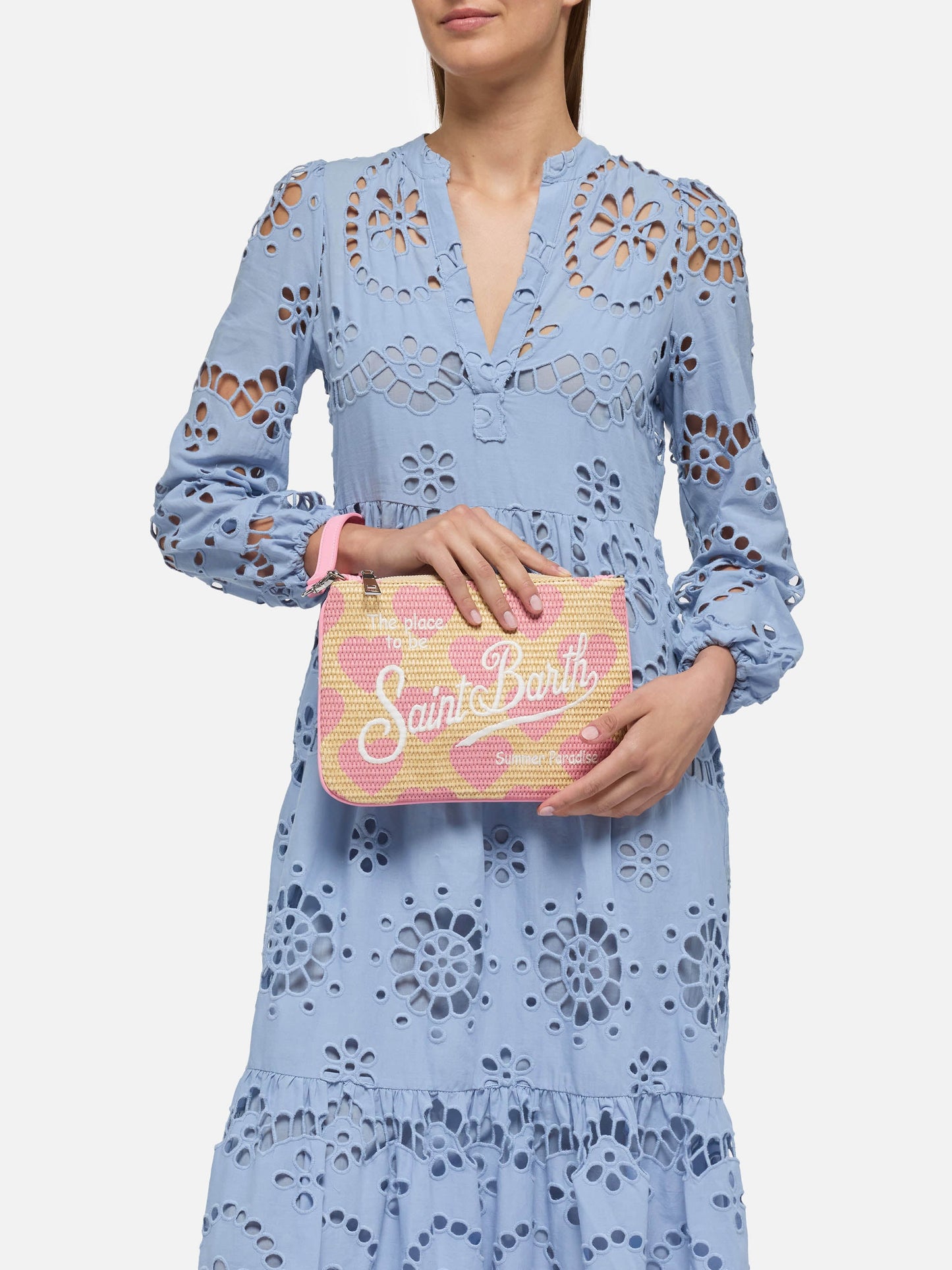 Pochette Parisienne effetto paglia con stampa cuori