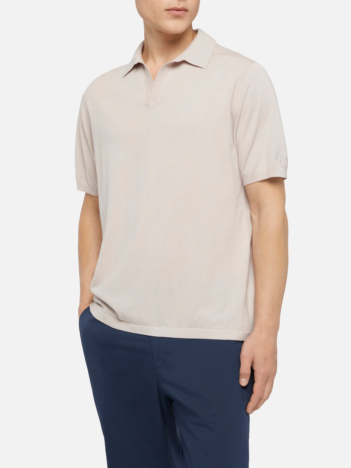 Sloan stone grey buttonless knitted polo shirt