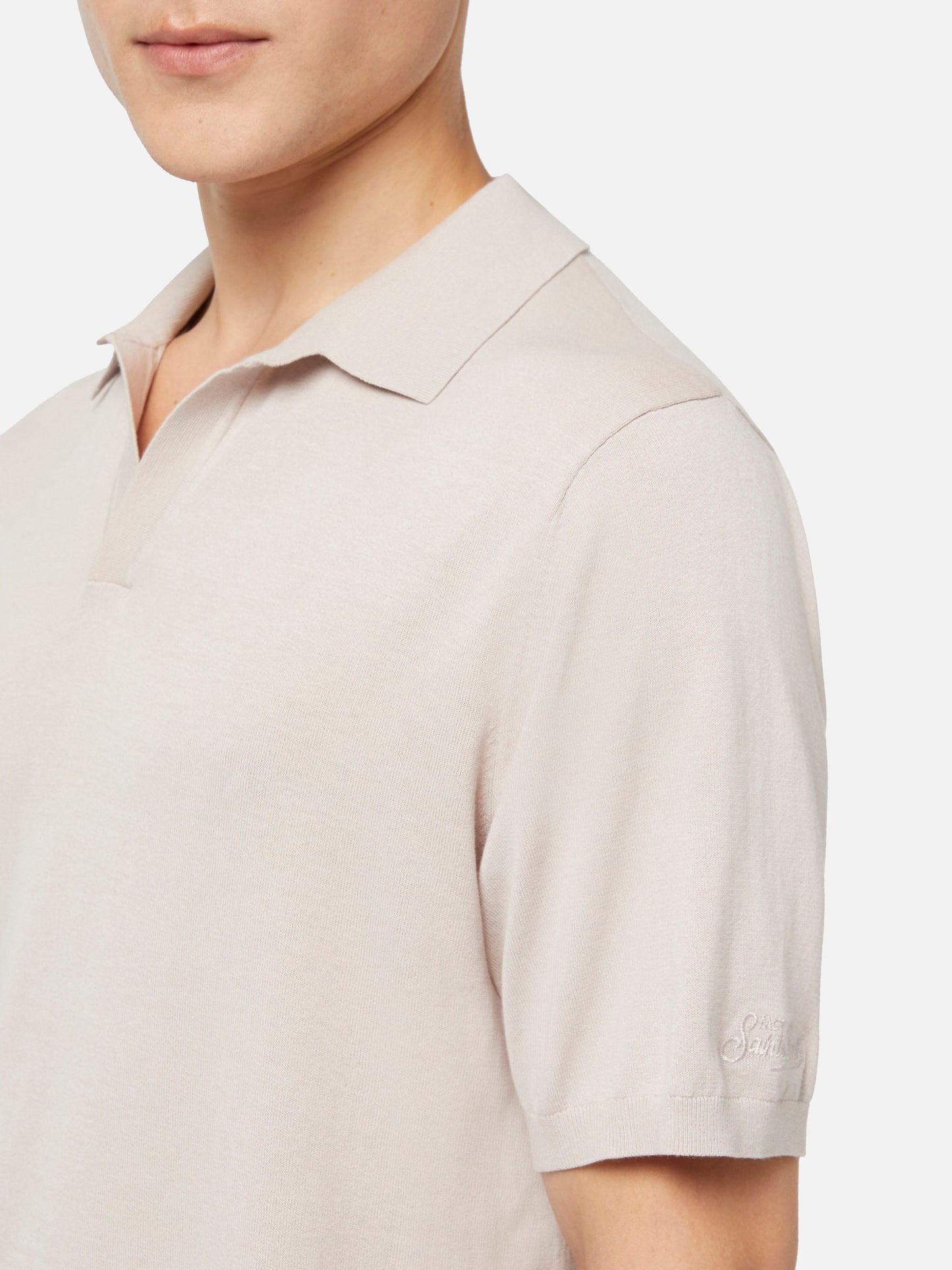 Sloan stone grey buttonless knitted polo shirt