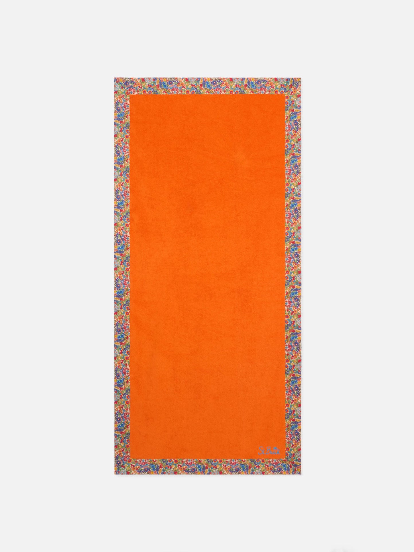 Orange towel with multicolor flower frames | MADE WITH LIBERTY FABRIC
