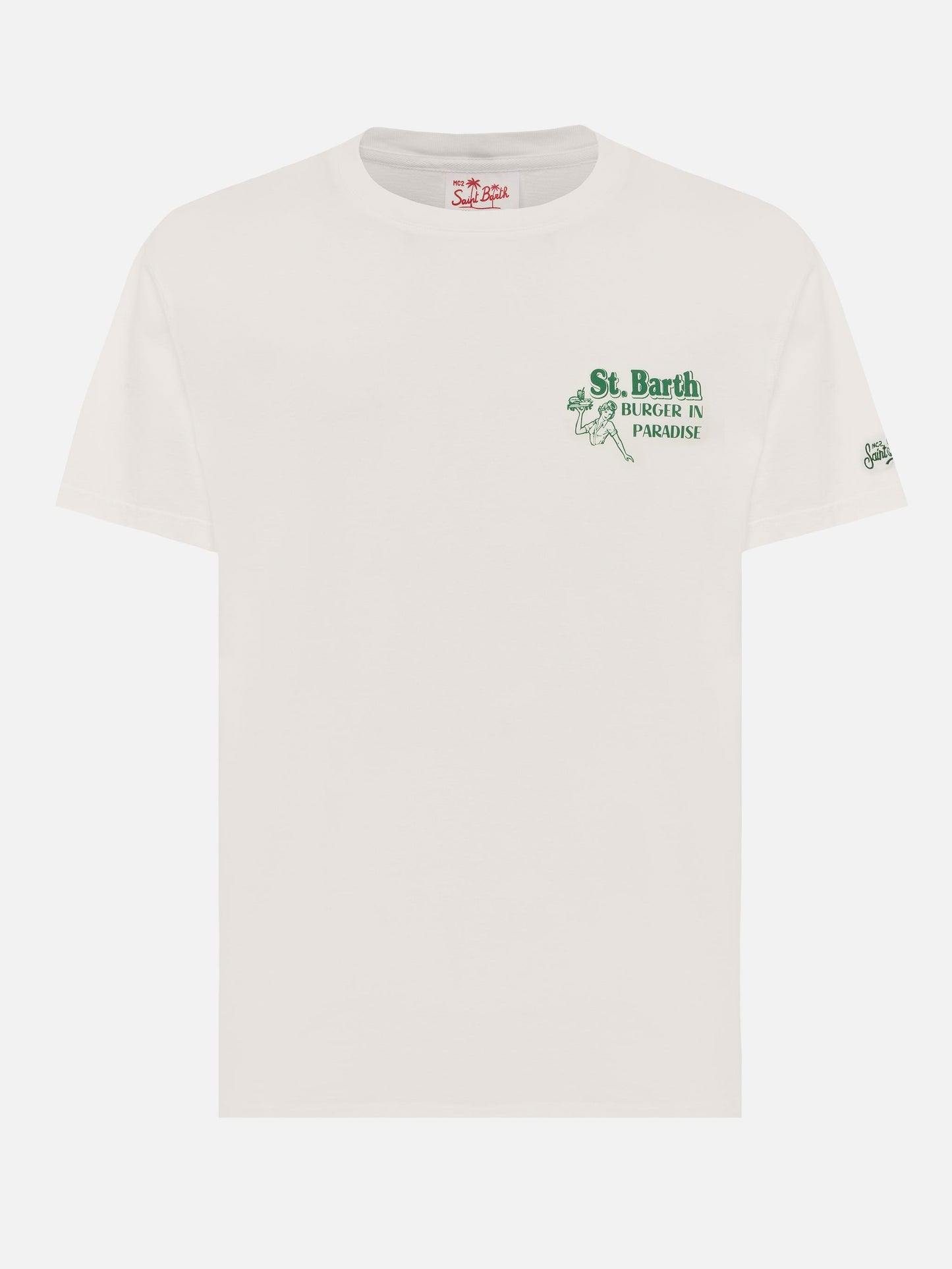Off-white cotton T-shirt with St. Barth burger paradise print