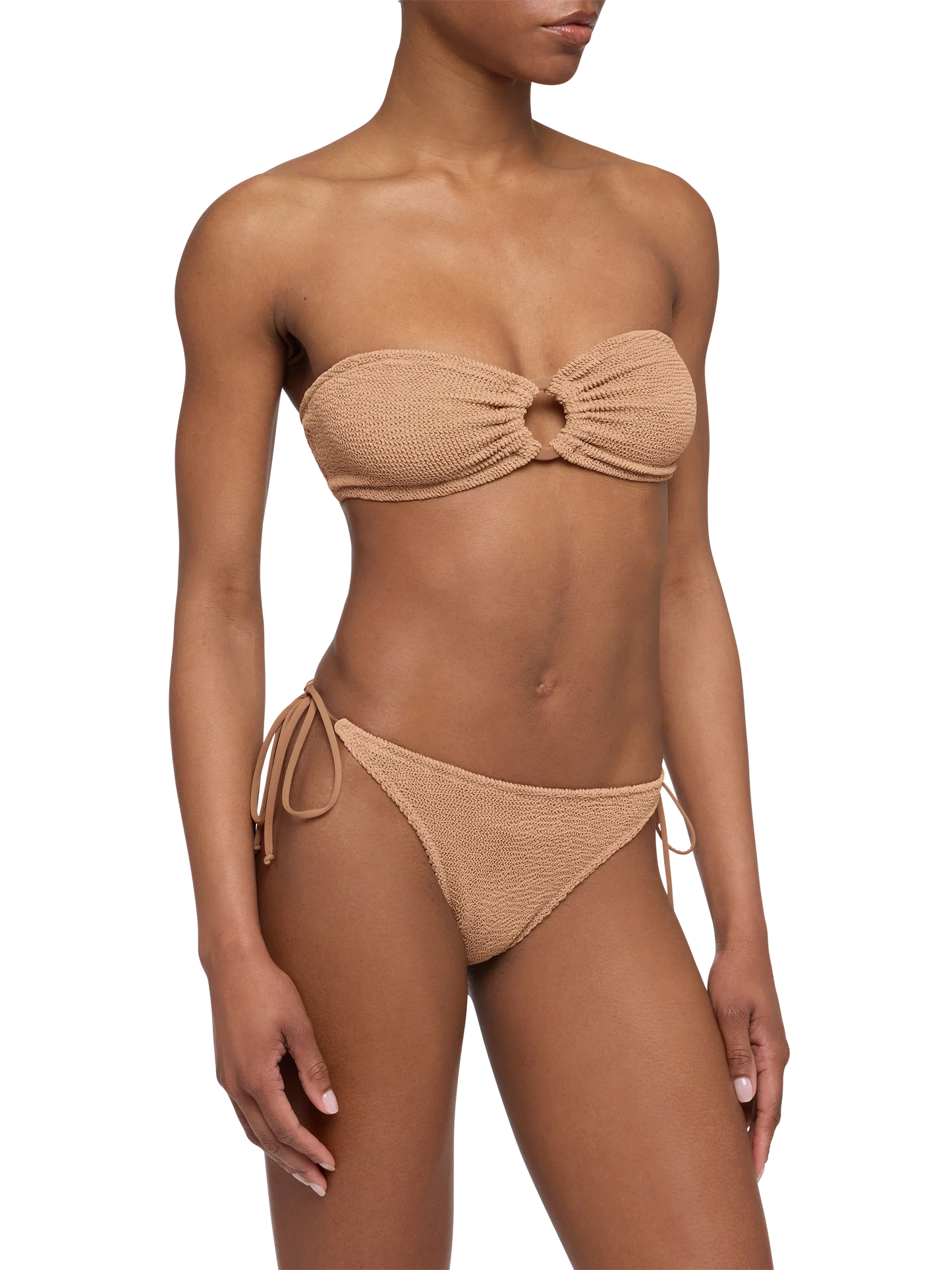 Yulia Norah caramel brown crinkle bikini with bandeau top and cheekiest briefs