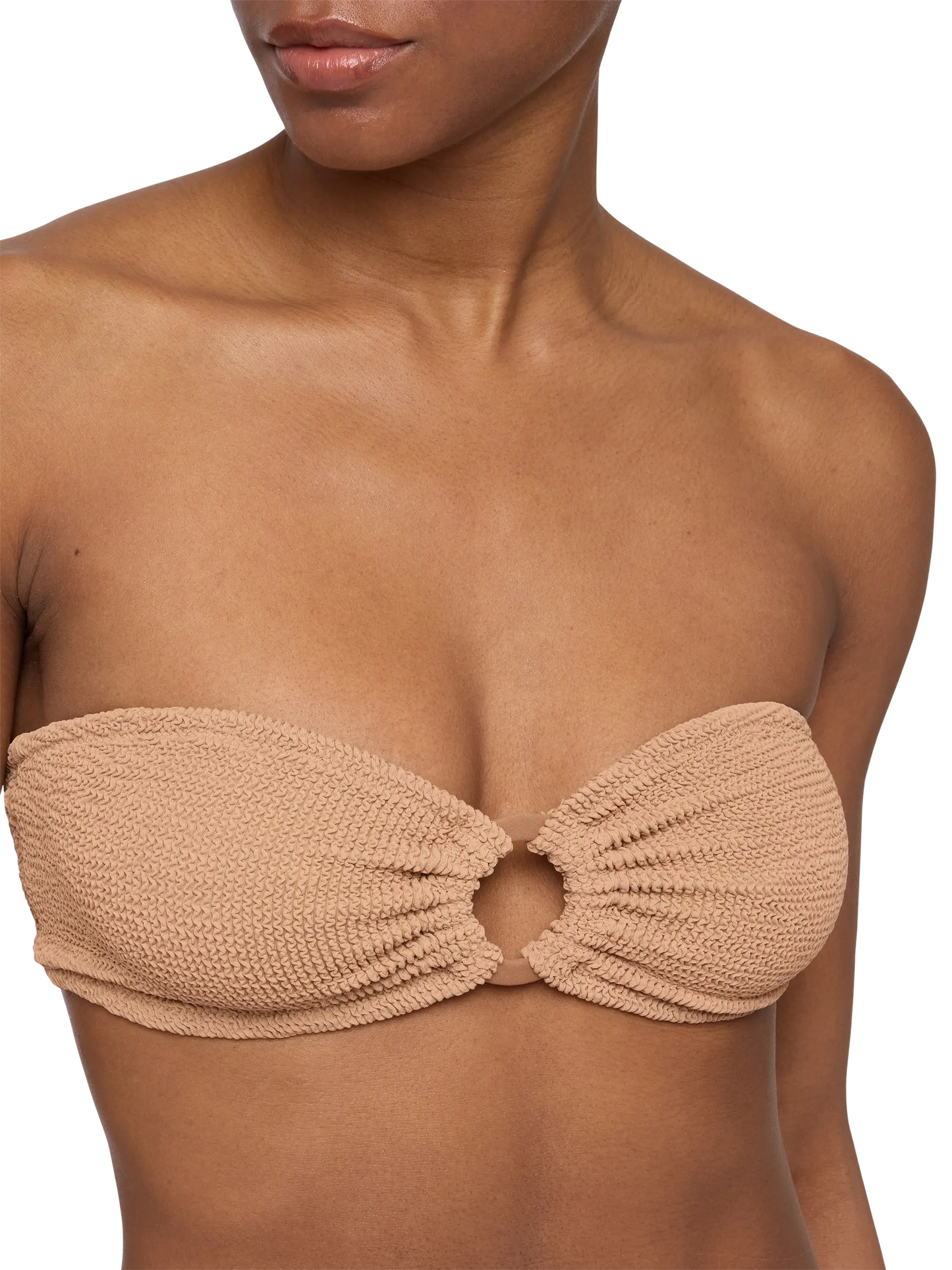 Yulia Norah caramel brown crinkle bikini with bandeau top and cheekiest briefs