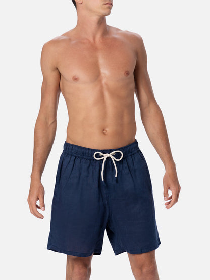 Mid-length navy blue linen swim-shorts Gustavia