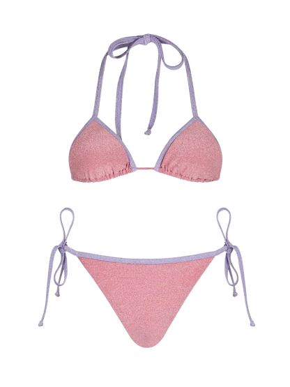 Woman pink lurex triangle bikini Leah Marielle with piping