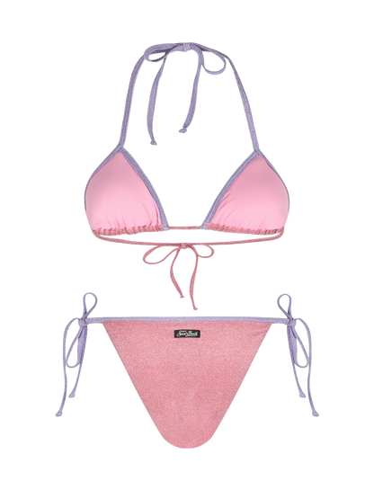 Woman pink lurex triangle bikini Leah Marielle with piping