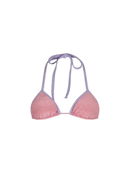 Woman pink lurex triangle top swimsuit Leah with piping