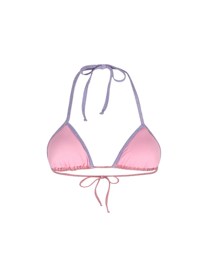 Woman pink lurex triangle top swimsuit Leah with piping