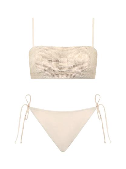 Woman beige bandeau bikini Athena Virgo with rhinestones