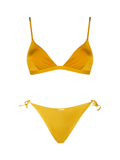 Woman ochre yellow classic triangle bikini Brooke Virgo