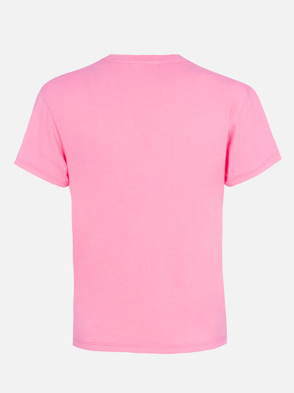 Woman pink cotton jersey crewneck t-shirt Emilie with Bollicine, please embroidery
