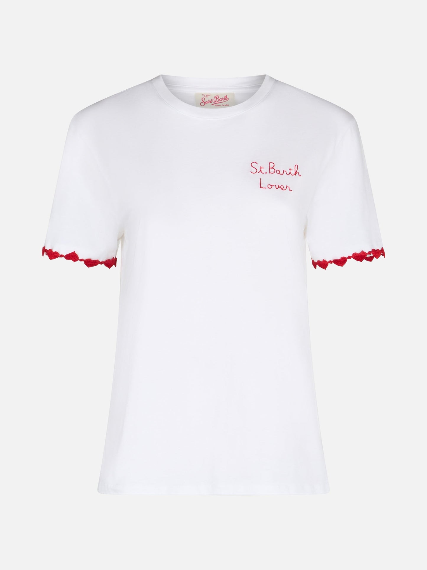 Woman cotton jersey crewneck t-shirt Emilie with St. Barth Lover embroidery
