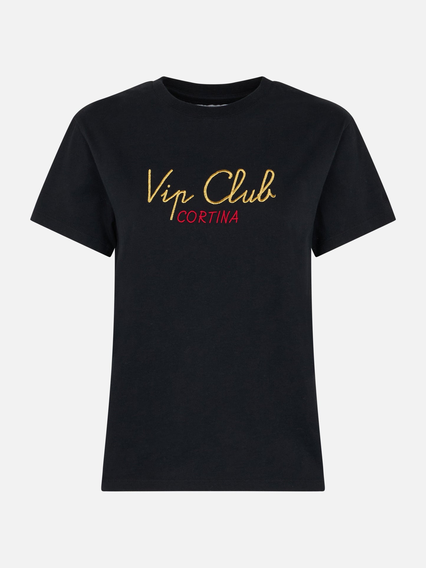 Woman heavy cotton black t-shirt Emilie with Vip Club Cortina embroidery | VIP CLUB CORTINA SPECIAL EDITION