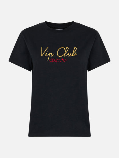 Woman heavy cotton black t-shirt Emilie with Vip Club Cortina embroidery | VIP CLUB CORTINA SPECIAL EDITION