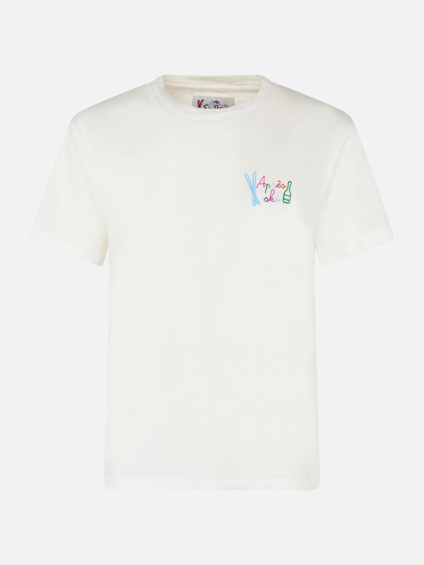 Woman heavy cotton white t-shirt Emilie with Apres ski rainbow embroidery