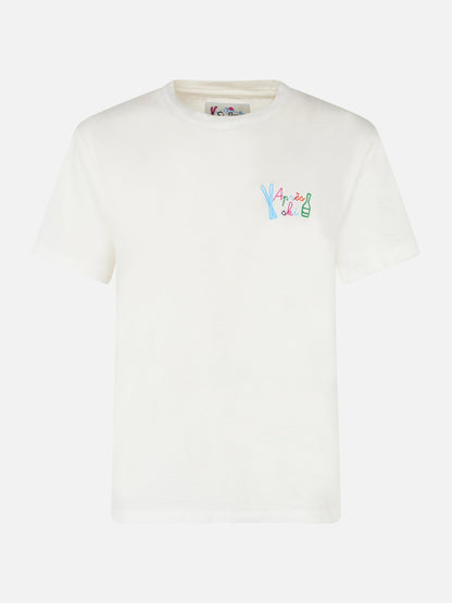 Woman heavy cotton white t-shirt Emilie with Apres ski rainbow embroidery