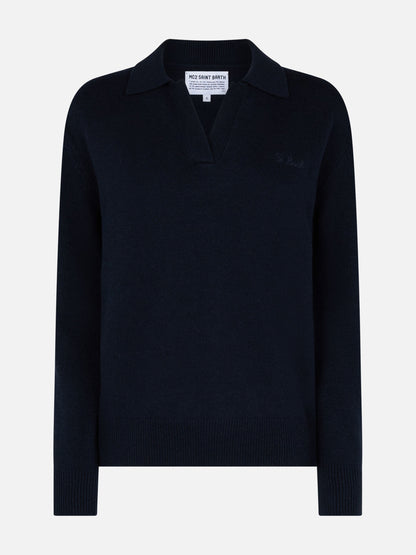Woman navy blue cashmere blend sweater Eze with polo collar